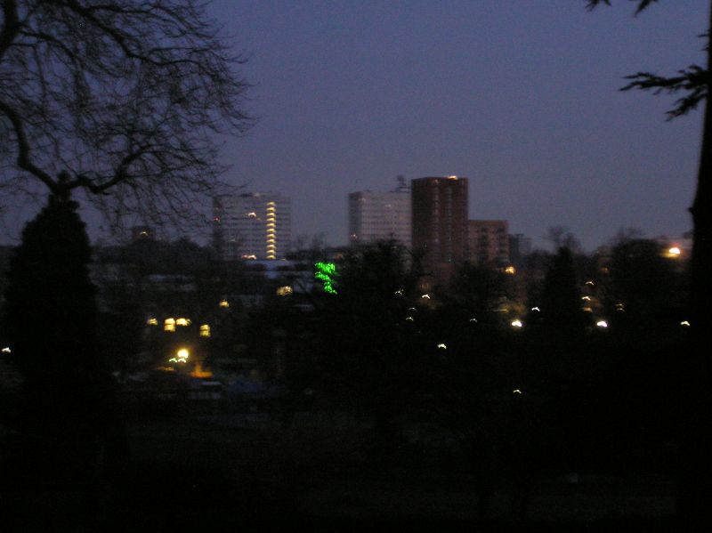 Birmingham skyline from Cannon Hill Park at dawn.